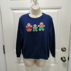 Holiday cozy with fast shipping Rebecca Malone Navy Sweater with Gingerbreads